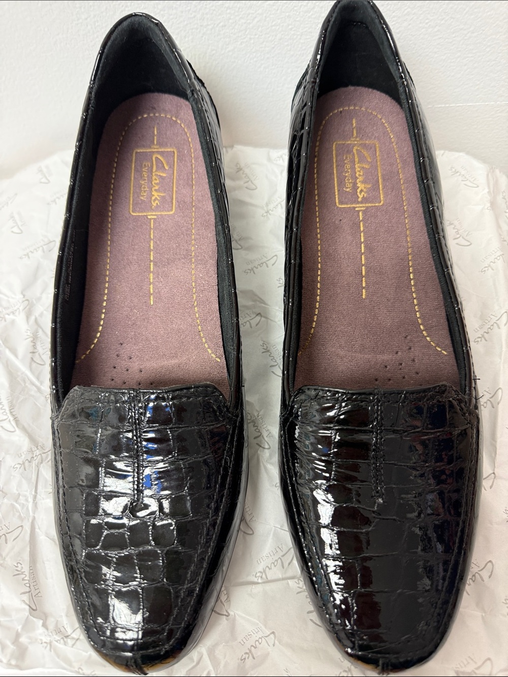 Clarks Black Patent Croc-Embossed Women’s Loafers